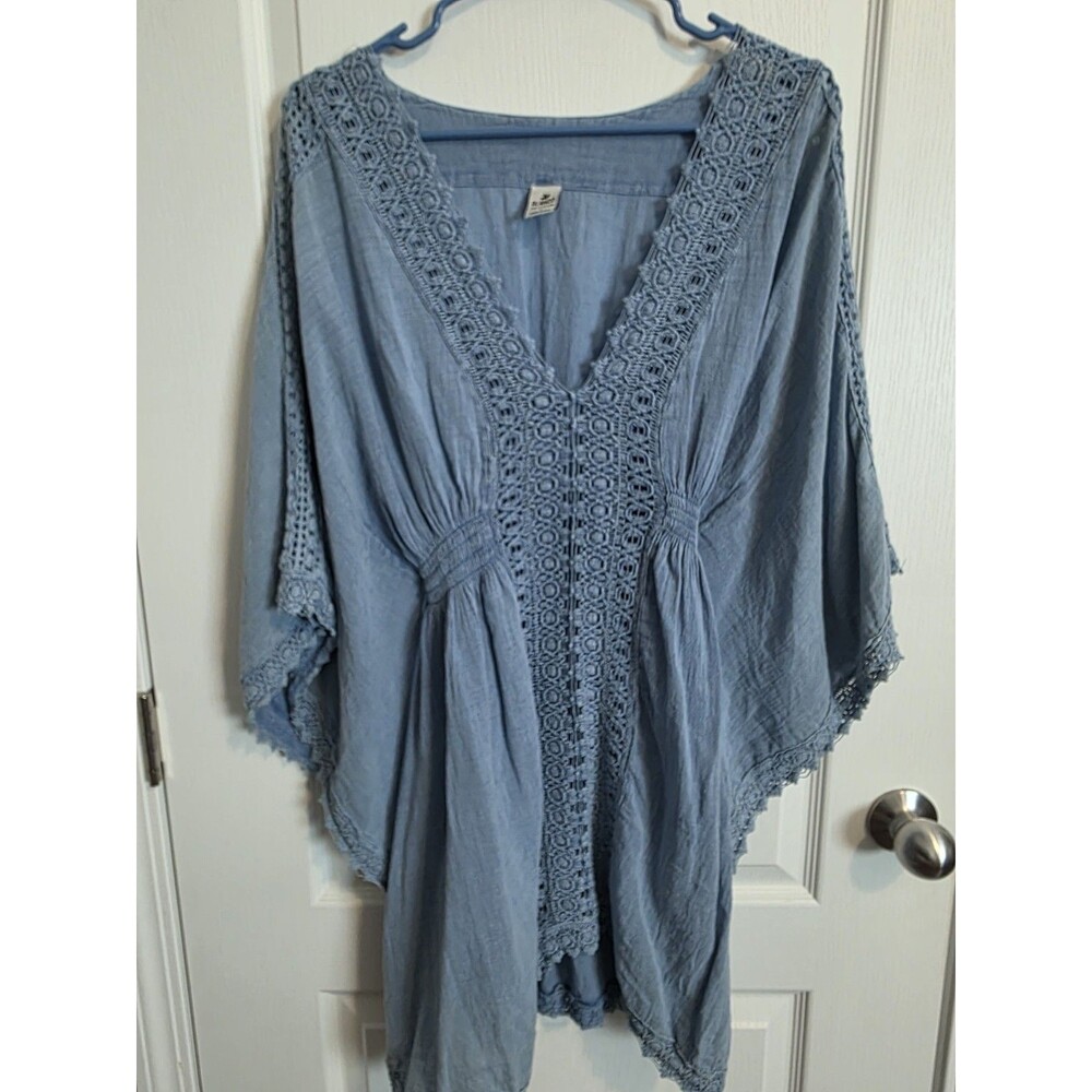 Blanco blue beach cover up, smocked waist and crochet detail sz L (240)